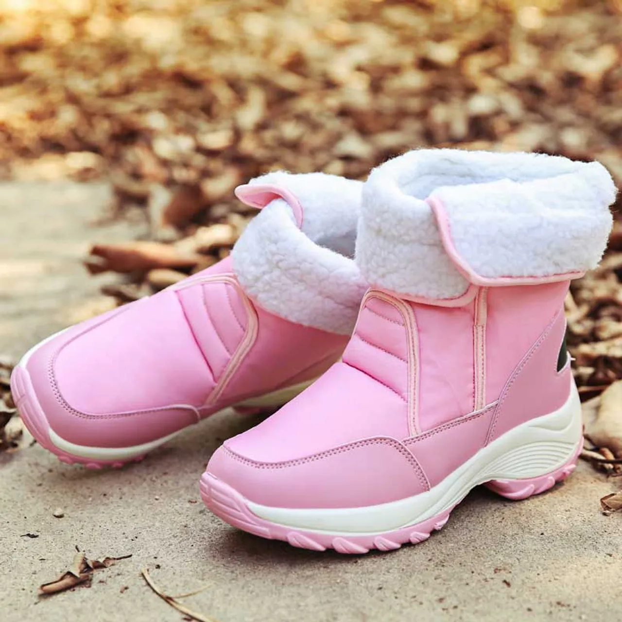 Pink winter velcro slip on double rocker bottom shoe boot