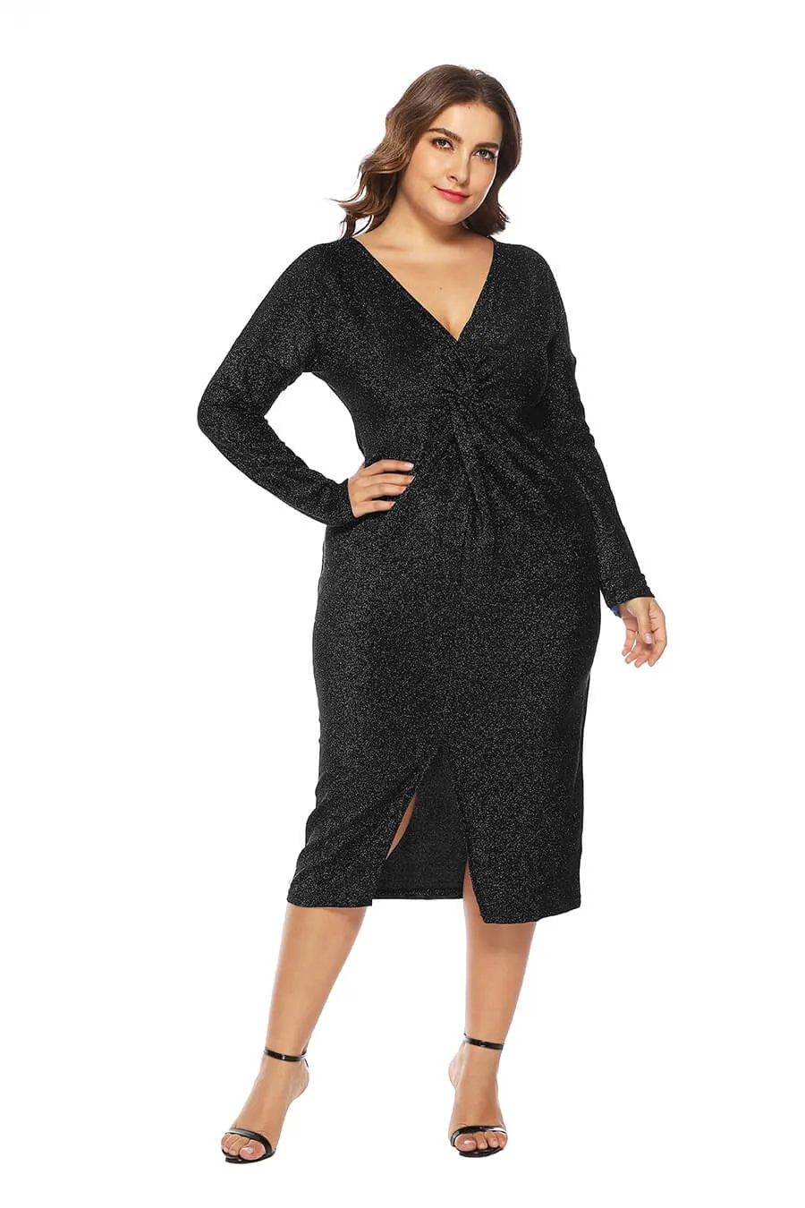 Plus Size Women Casual Solid Color Long Sleeve V-Collar Bifurcation Dress