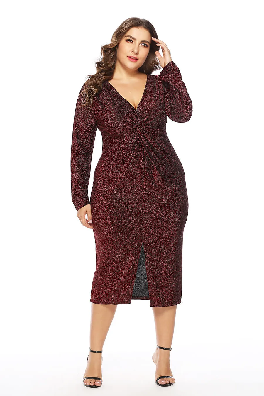 Plus Size Women Casual Solid Color Long Sleeve V-Collar Bifurcation Dress