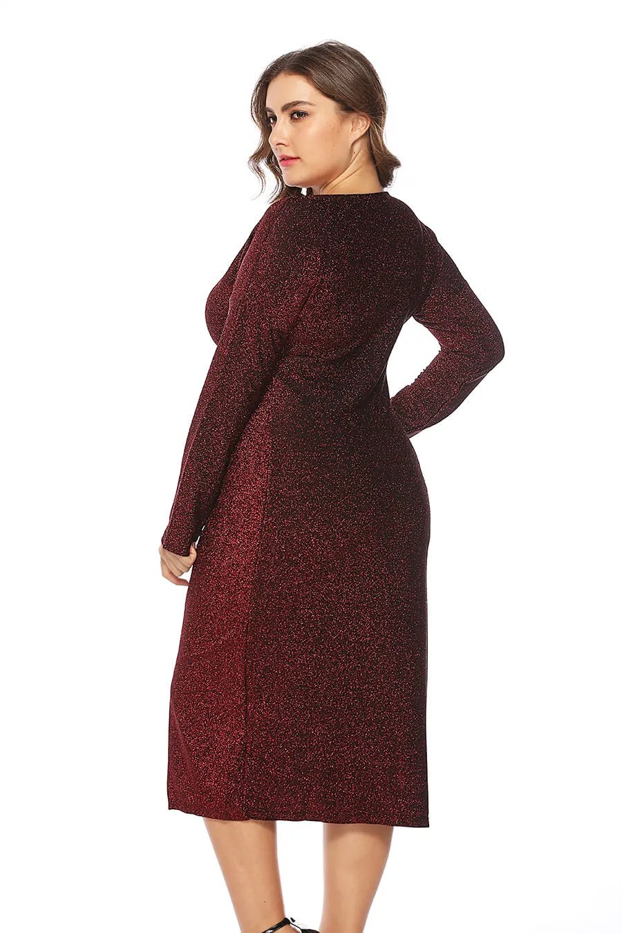 Plus Size Women Casual Solid Color Long Sleeve V-Collar Bifurcation Dress