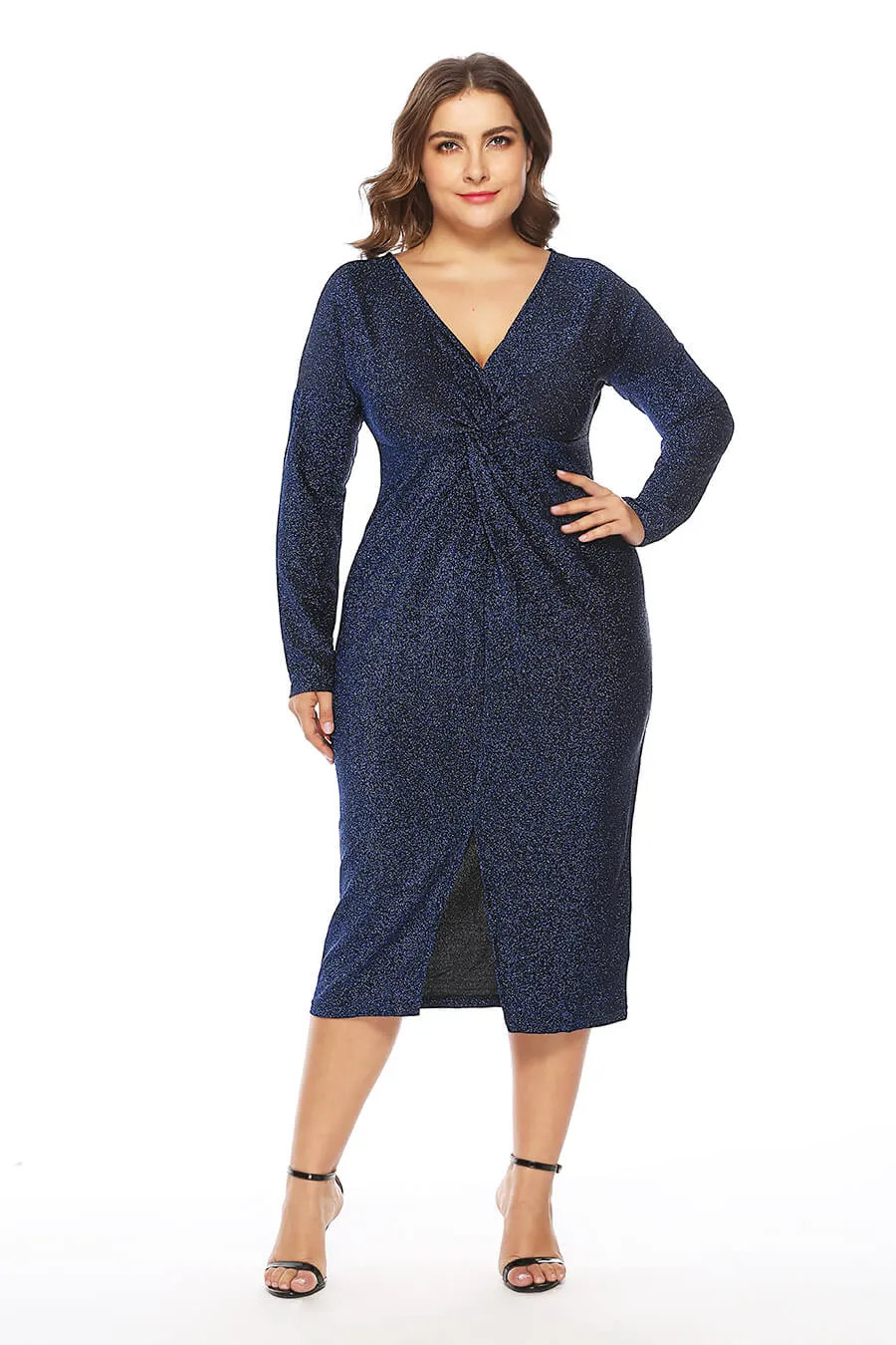 Plus Size Women Casual Solid Color Long Sleeve V-Collar Bifurcation Dress