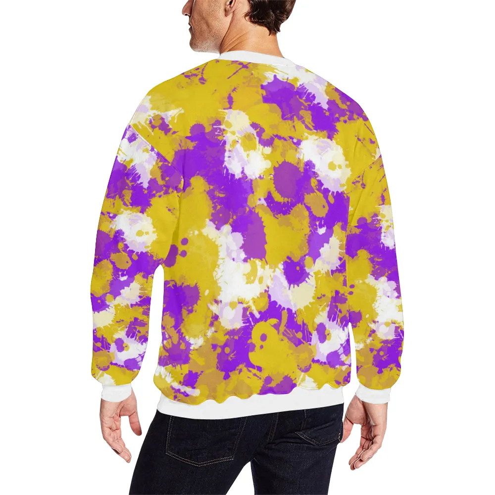 Purple Gold (Yellow) and White Paint Splatter Men's Big & Tall Oversized Fleece Crewneck Sweatshirt