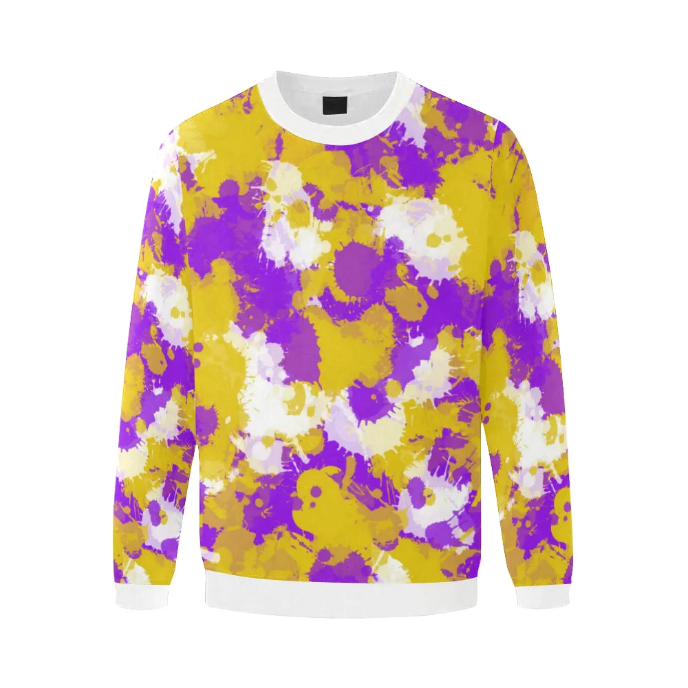 Purple Gold (Yellow) and White Paint Splatter Men's Big & Tall Oversized Fleece Crewneck Sweatshirt