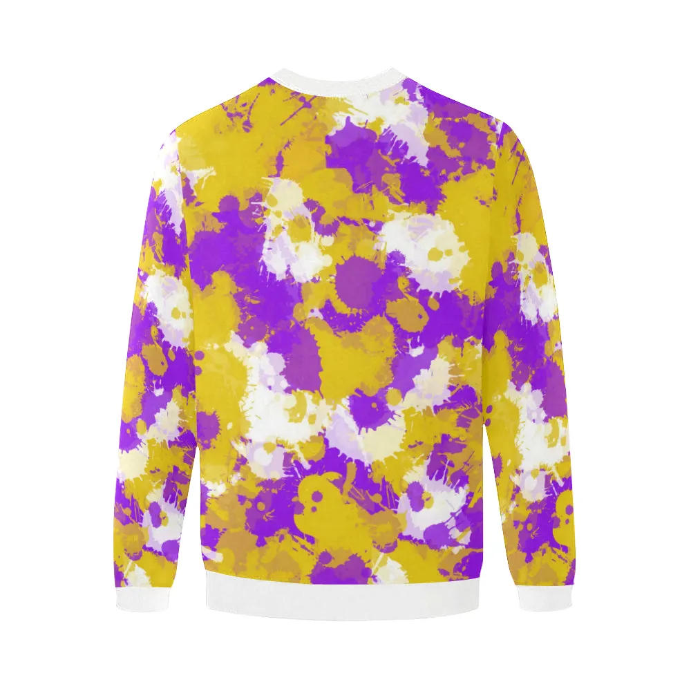 Purple Gold (Yellow) and White Paint Splatter Men's Big & Tall Oversized Fleece Crewneck Sweatshirt