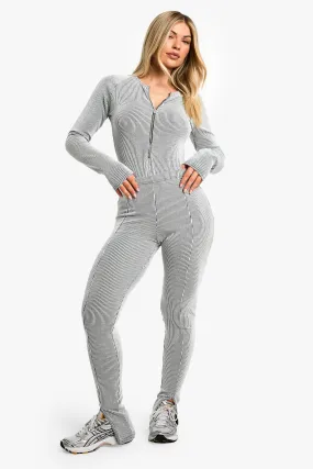 Rib Zip Front Long Sleeve Bodysuit and Split Hem Legging Set