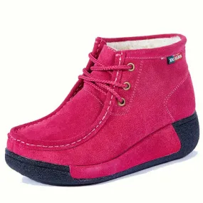 Rose red suede winter rocker bottom shoe boot sewn accents