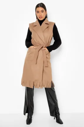 Sleeveless Tassel Wool Look Coat