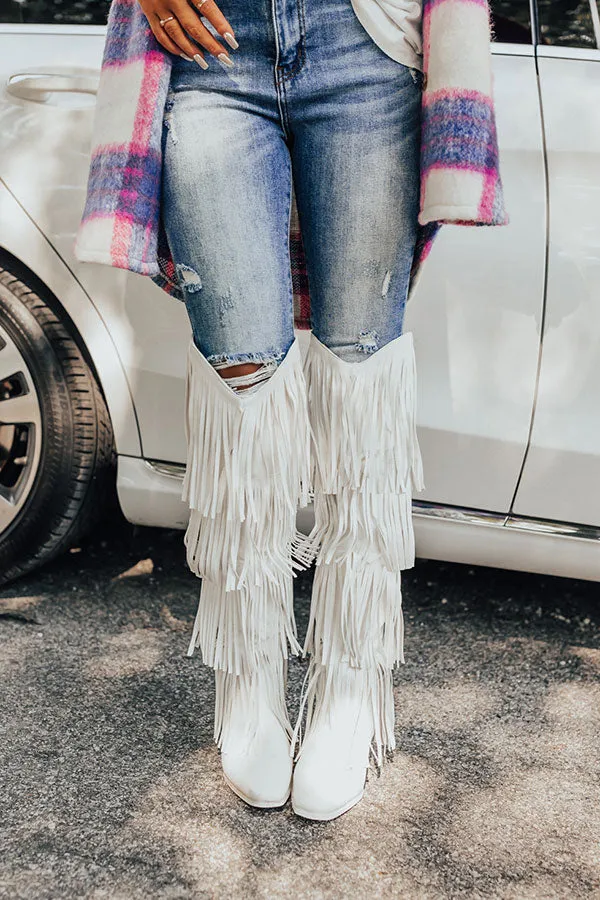 The Doss Knee High Fringe Boot In White