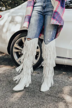 The Doss Knee High Fringe Boot In White