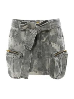 Three-dimensional Zipper Pocket Skirt Camouflage Low Waist Mini Denim Skirts With Belt Summer 2023 New 17A3602H