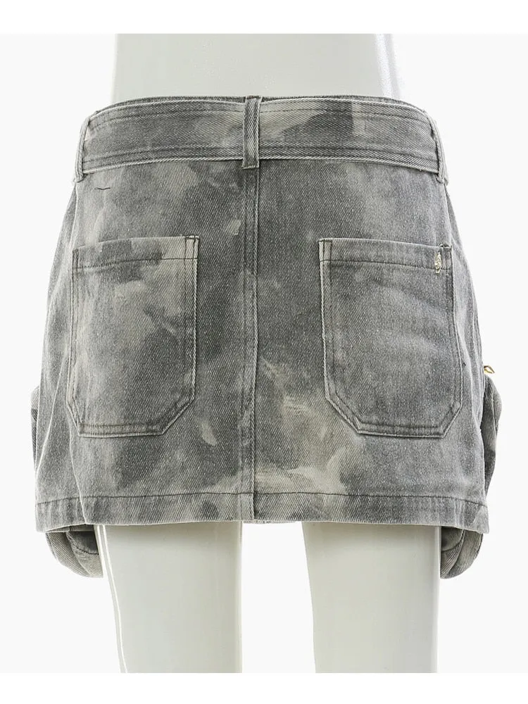 Three-dimensional Zipper Pocket Skirt Camouflage Low Waist Mini Denim Skirts With Belt Summer 2023 New 17A3602H