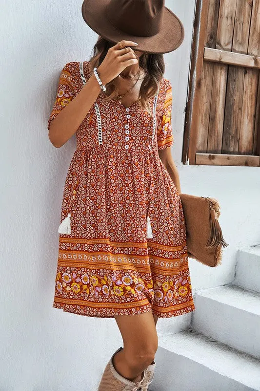 V Neck Button Floral Short Dress