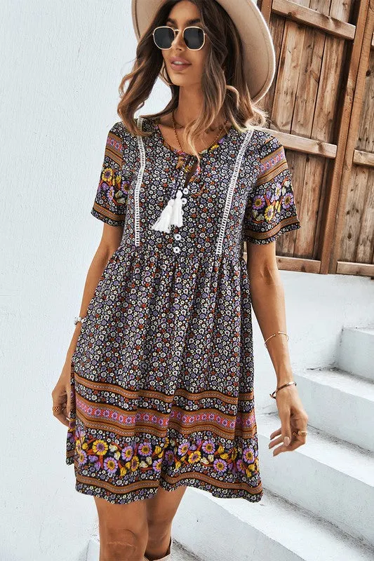 V Neck Button Floral Short Dress