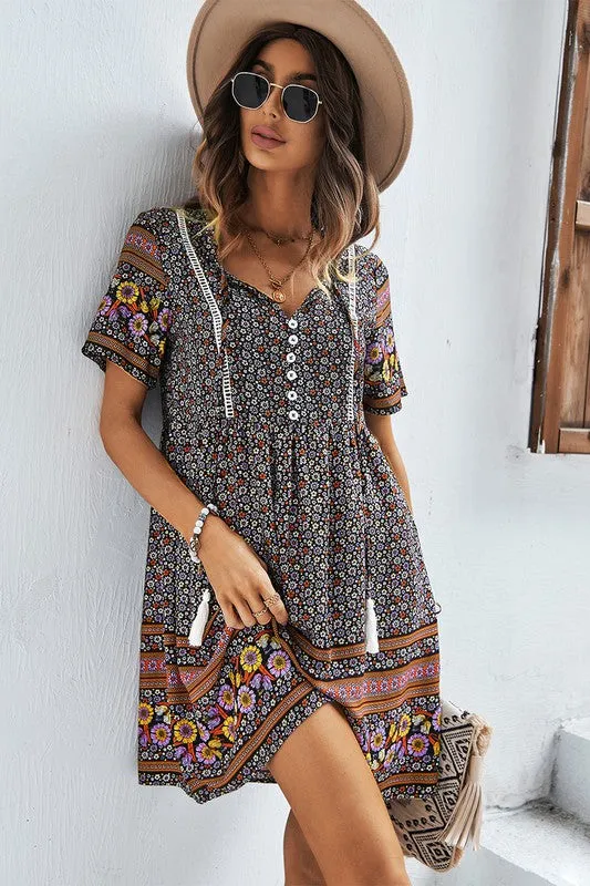 V Neck Button Floral Short Dress