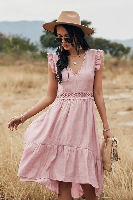 V Neck Solid Sleeveless Ruffle Dress