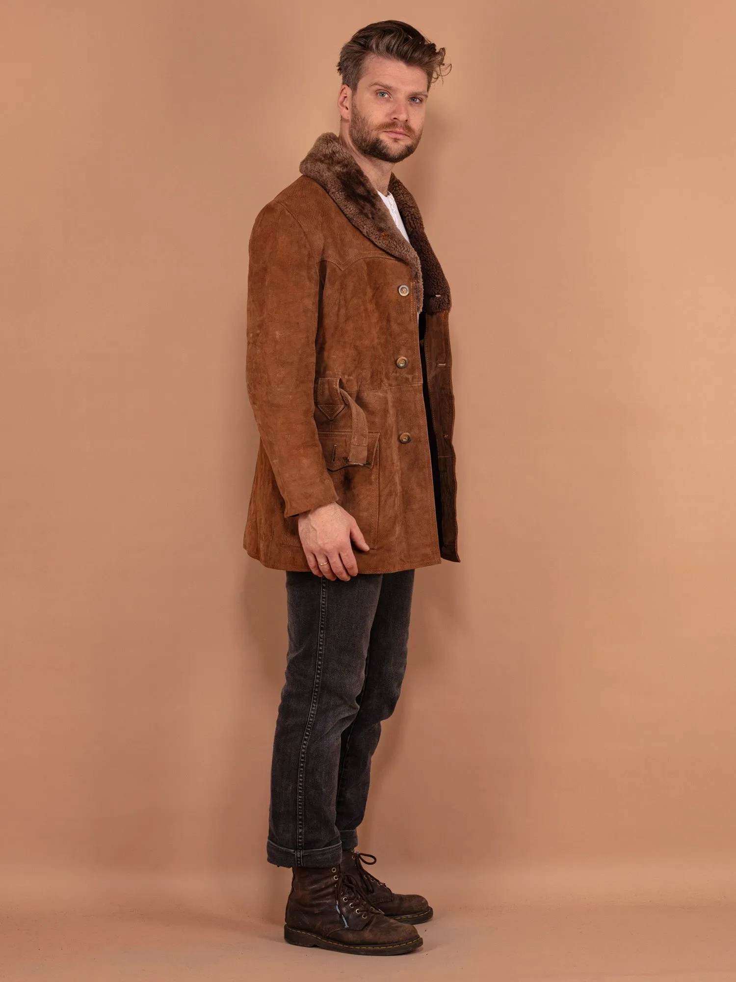 Vintage 70's Men Suede Sherpa Coat in Brown