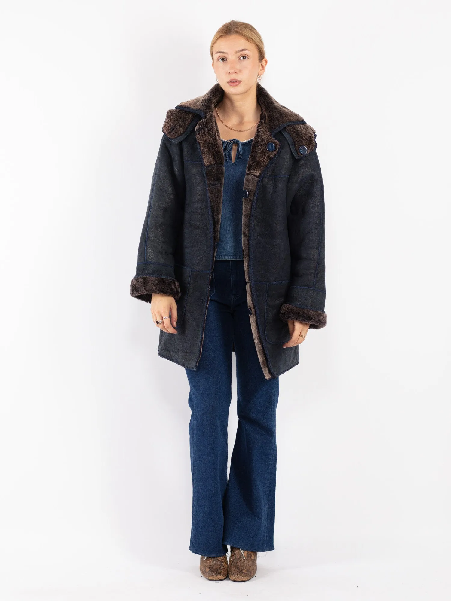 Vintage 70's Women Hooded Sheepskin Coat in Blue