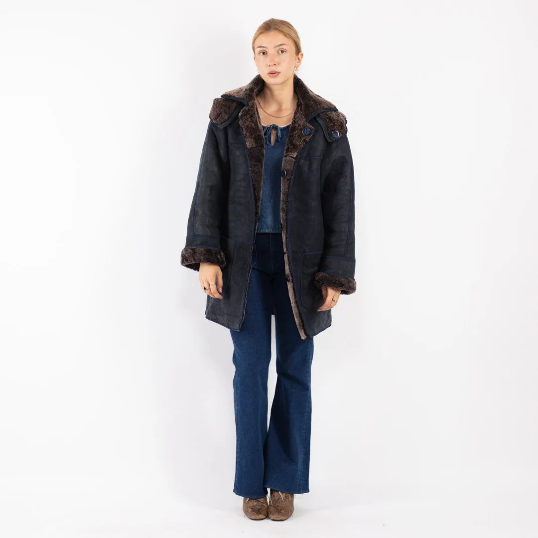 Vintage 70's Women Hooded Sheepskin Coat in Blue