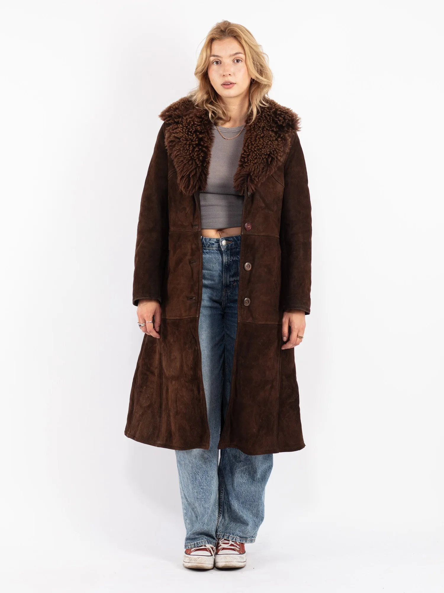 Vintage 70's Women Sheepskin Shearling Coat in Brown