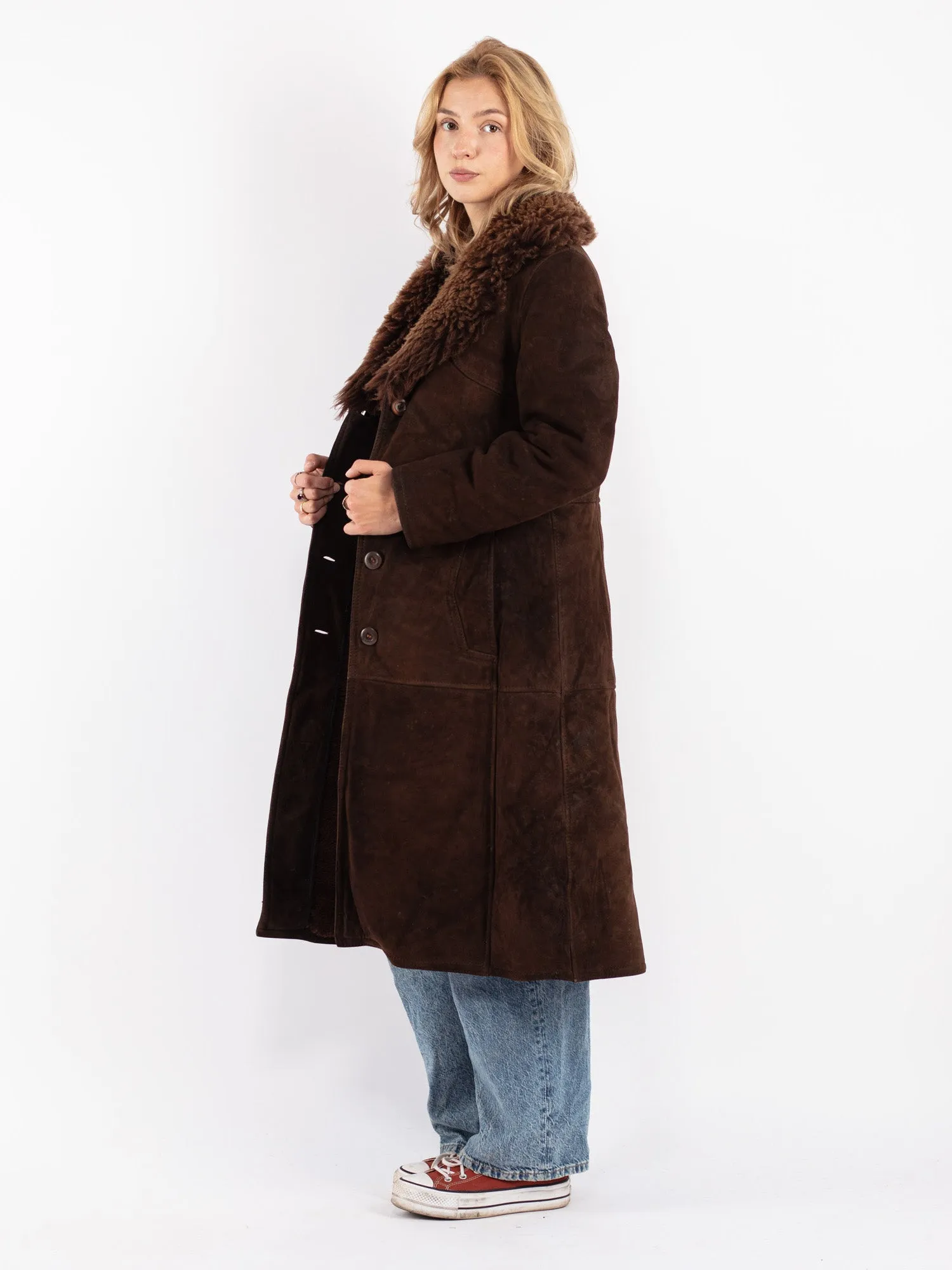 Vintage 70's Women Sheepskin Shearling Coat in Brown