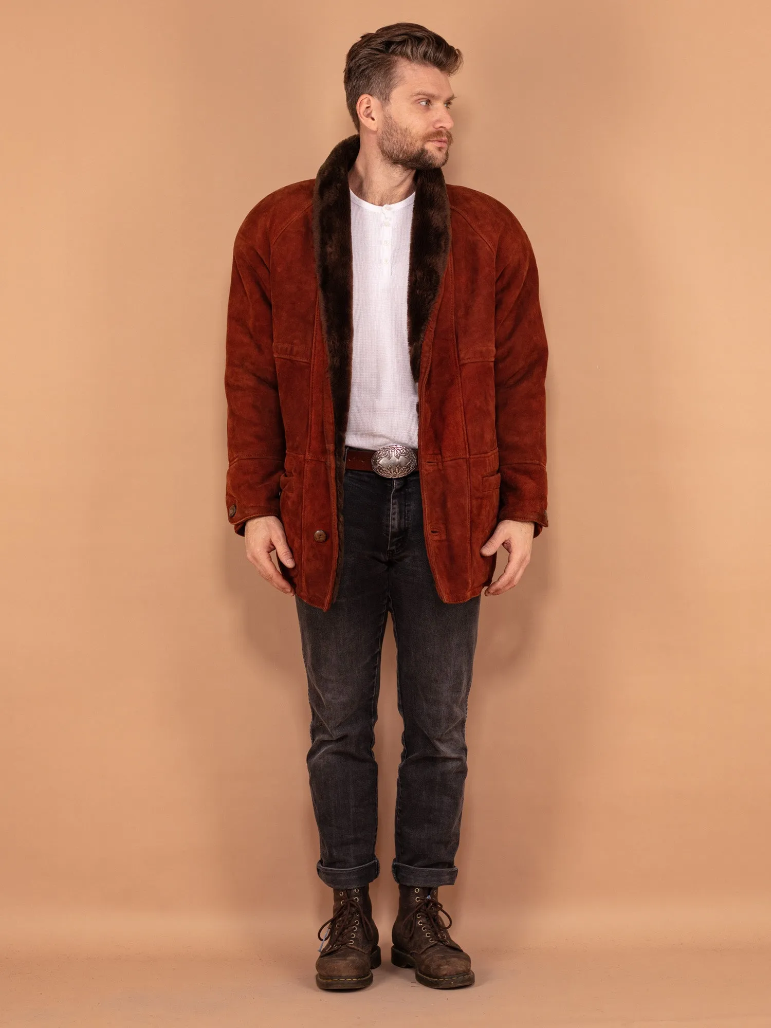 Vintage 80's Men Sheepskin Coat in Brown