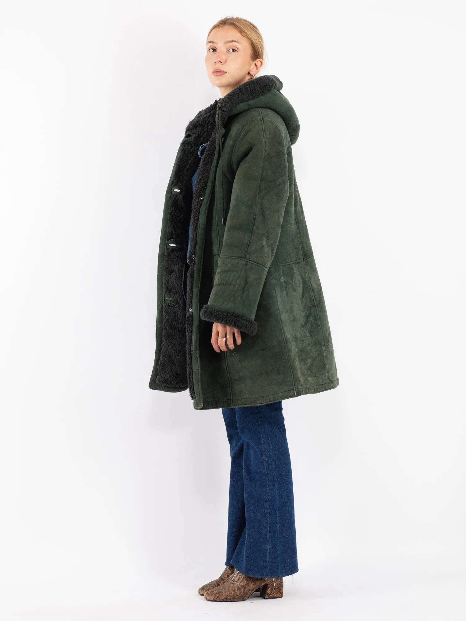 Vintage 80's Women Hooded Sheepskin Coat in Green