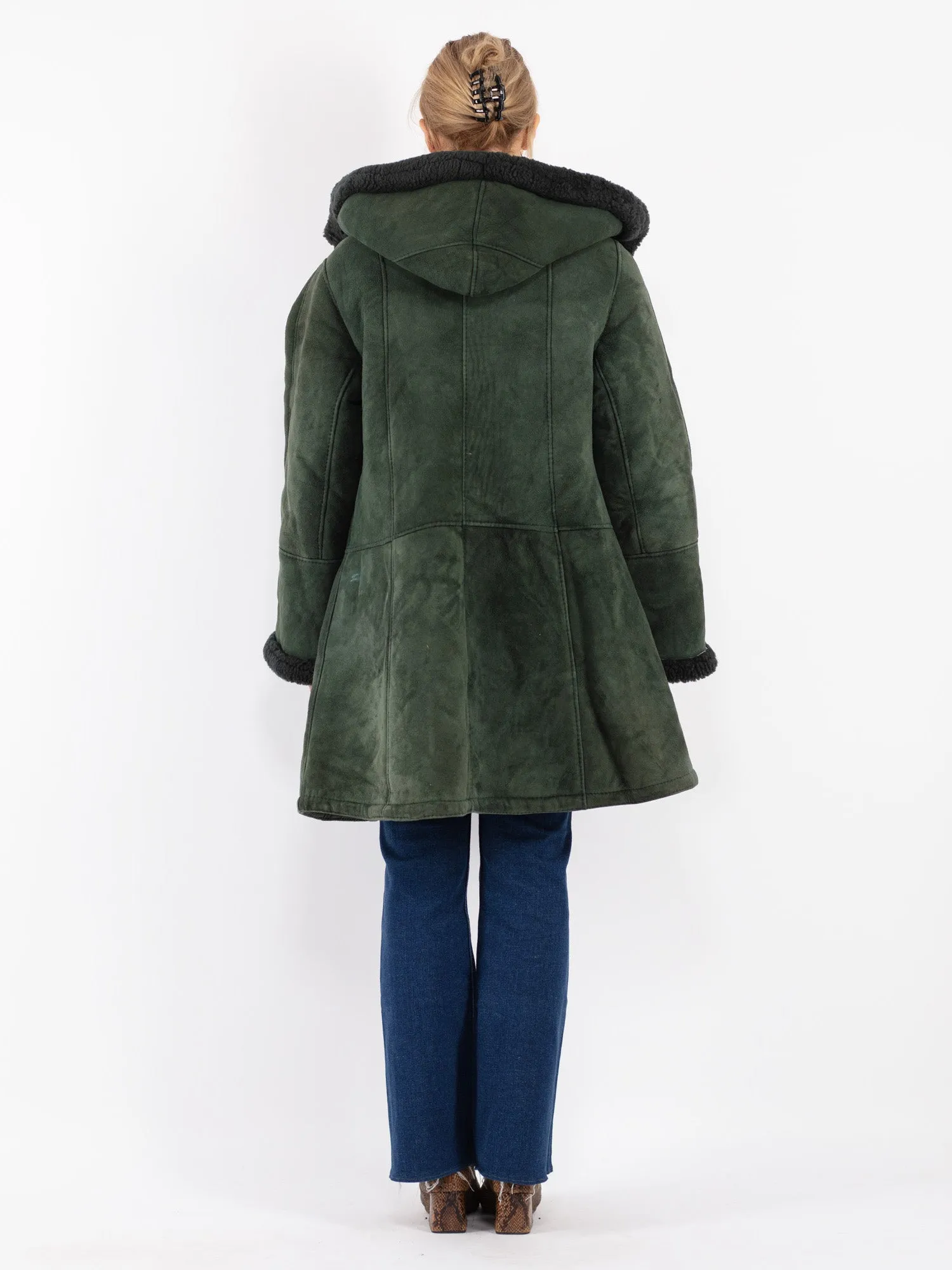 Vintage 80's Women Hooded Sheepskin Coat in Green