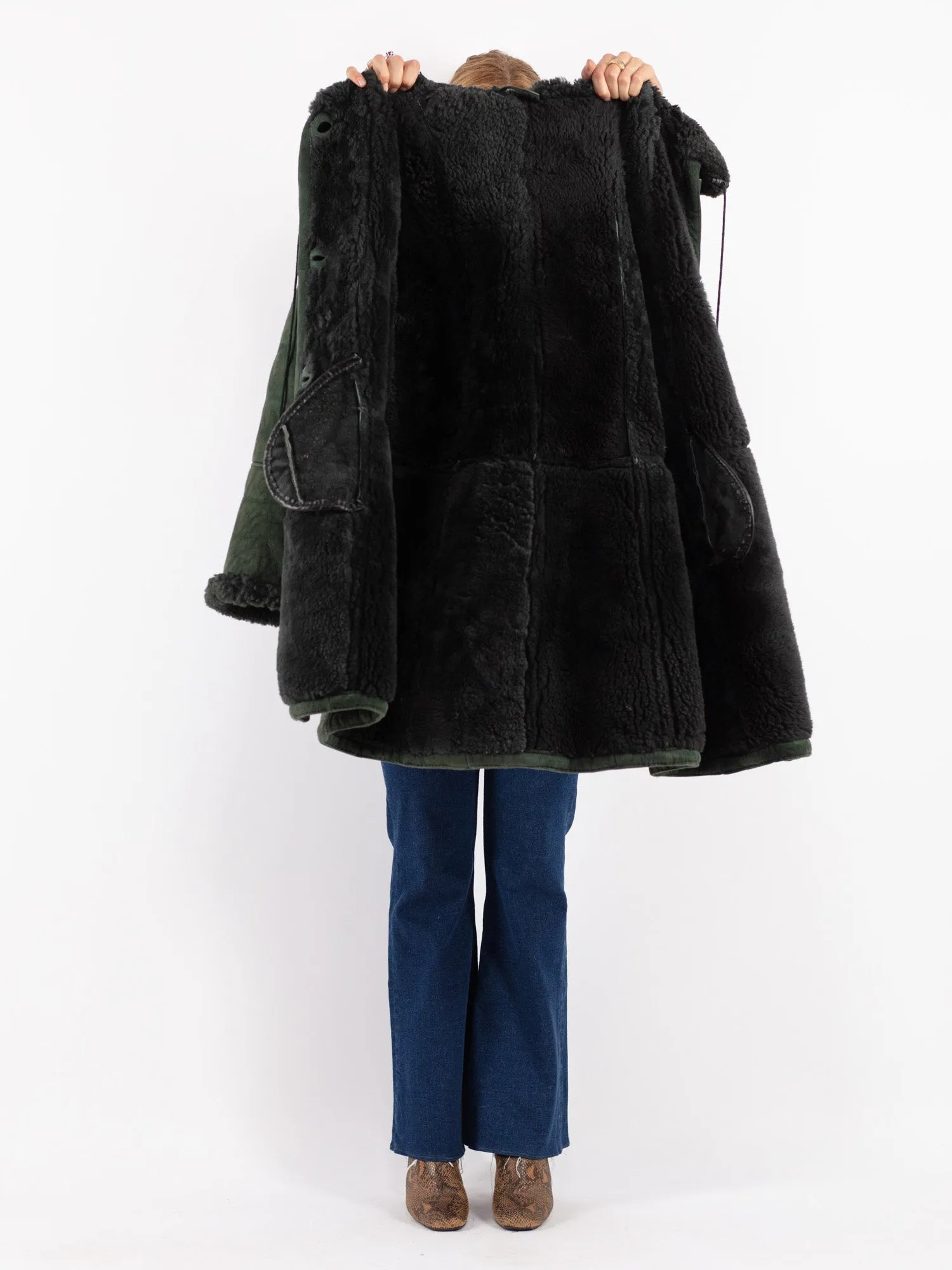 Vintage 80's Women Hooded Sheepskin Coat in Green