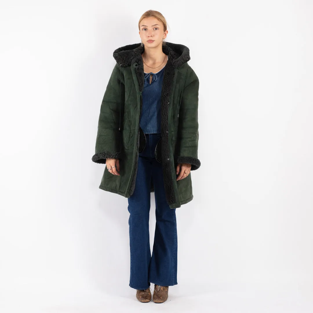 Vintage 80's Women Hooded Sheepskin Coat in Green