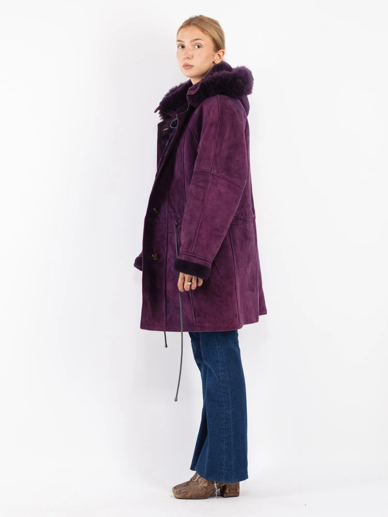 Vintage 90's Women Hooded Sheepskin Coat in Purple