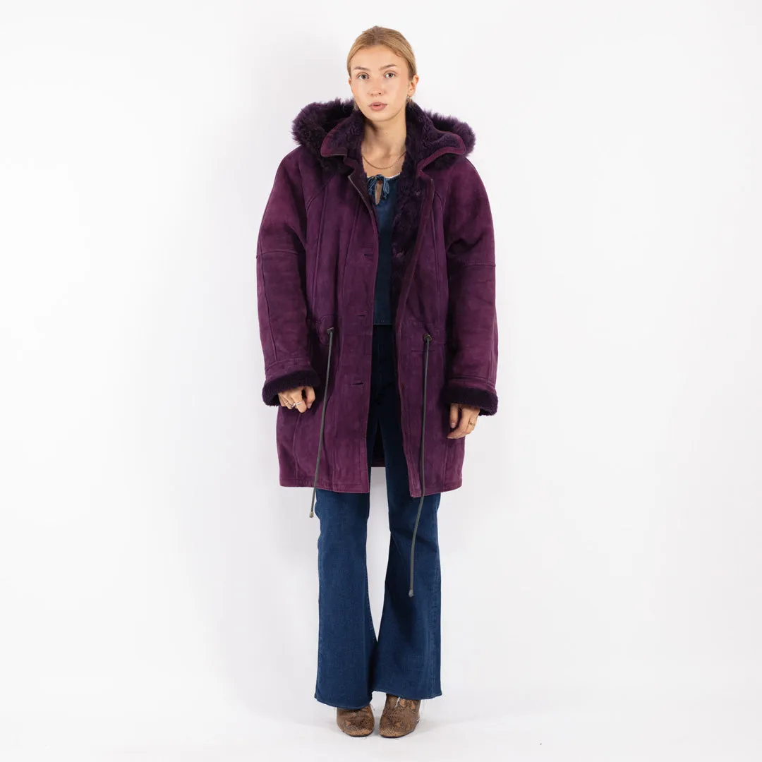 Vintage 90's Women Hooded Sheepskin Coat in Purple