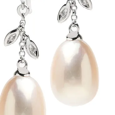 White Gold Fresh Water Pearl Drops with Diamond Petals