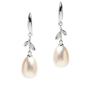 White Gold Fresh Water Pearl Drops with Diamond Petals