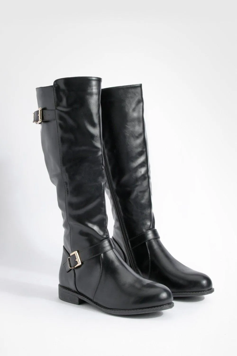 Wide Width Harness And Buckle Detail Knee High Boot