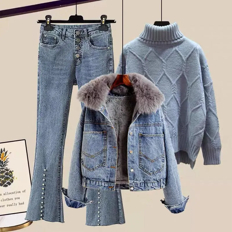 Winter three-piece women's fleece thickened denim jacket sweater pants small suit winter clothes 2022 new