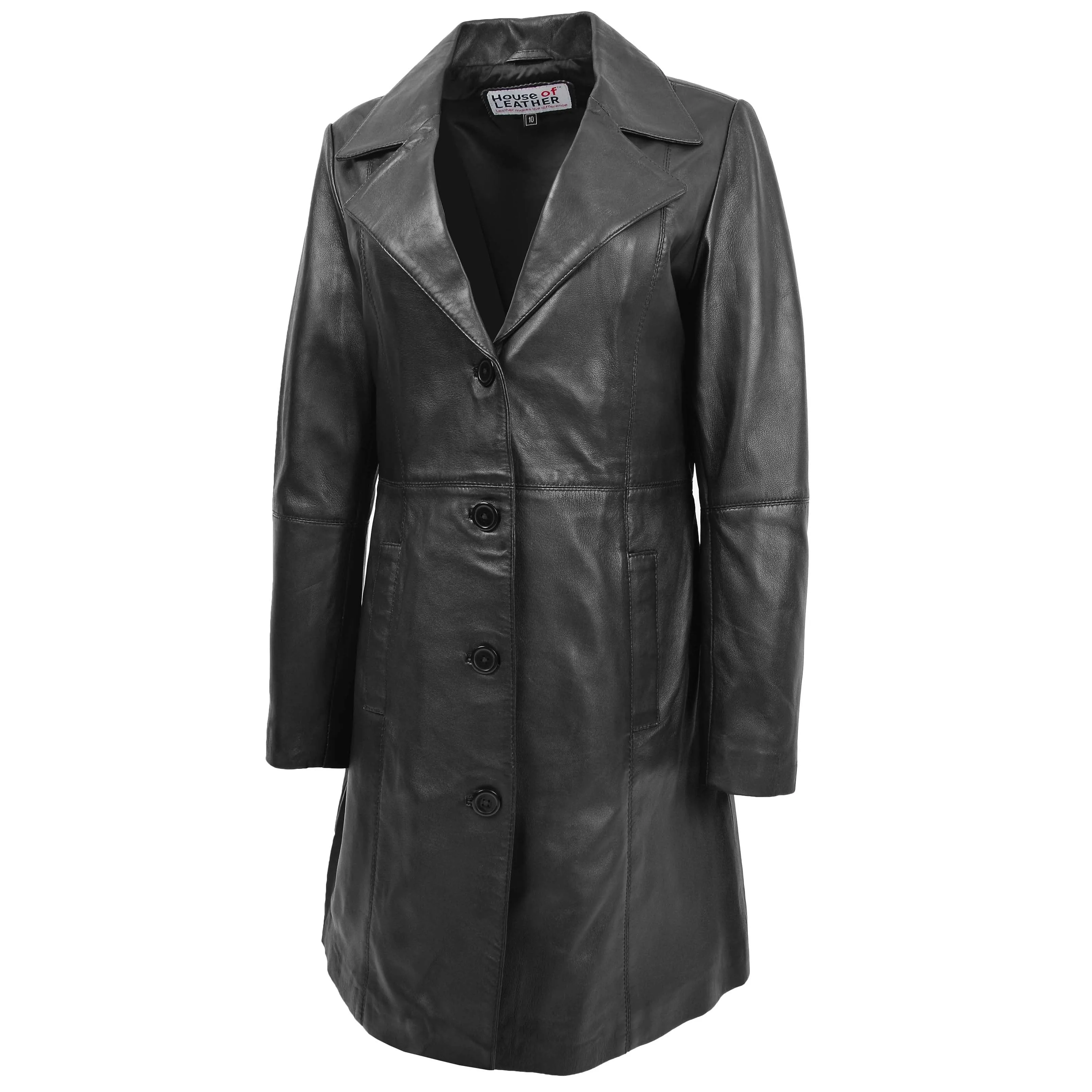 Womens 3/4 Length Soft Leather Classic Coat Macey Black