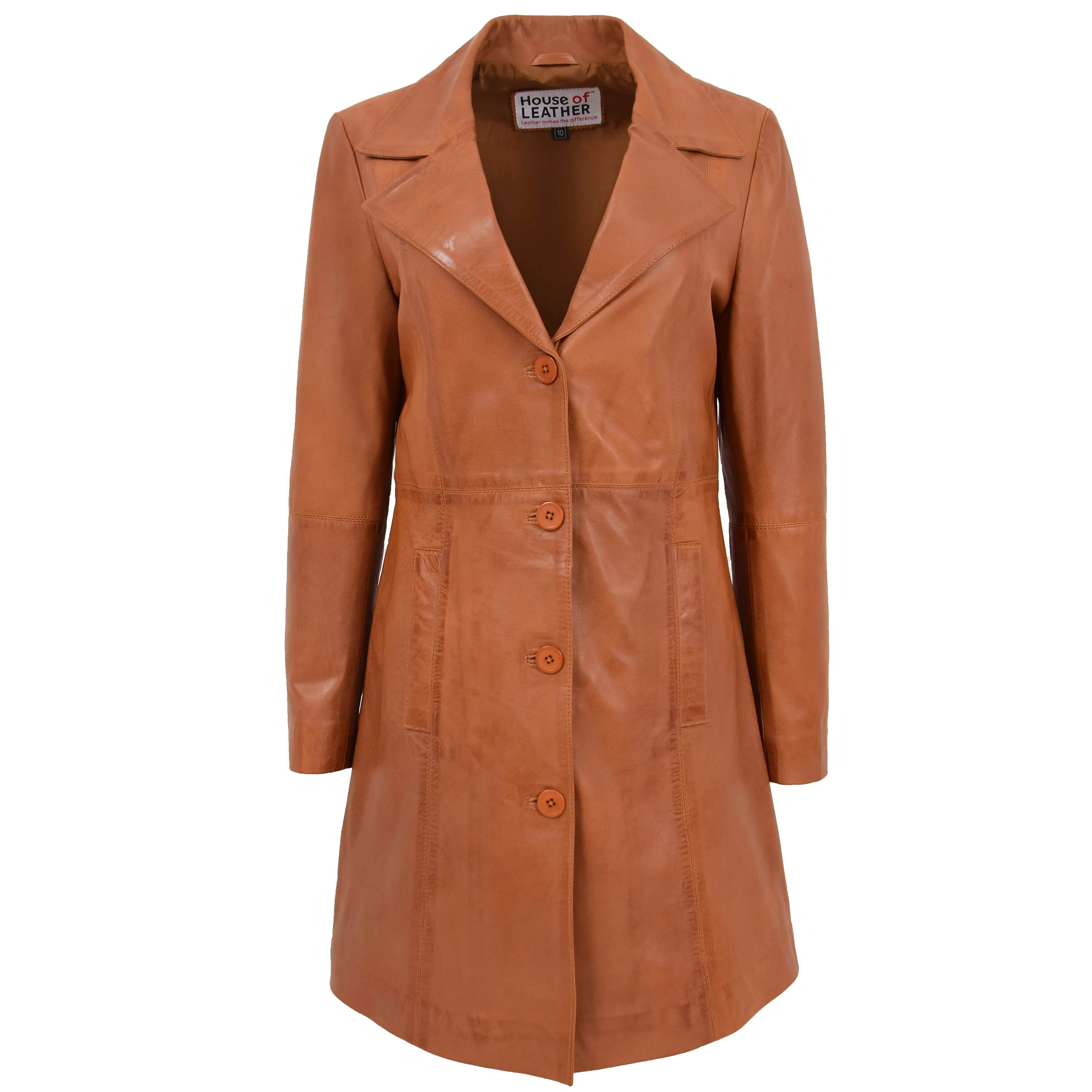 Womens 3/4 Length Soft Leather Classic Coat Macey Tan