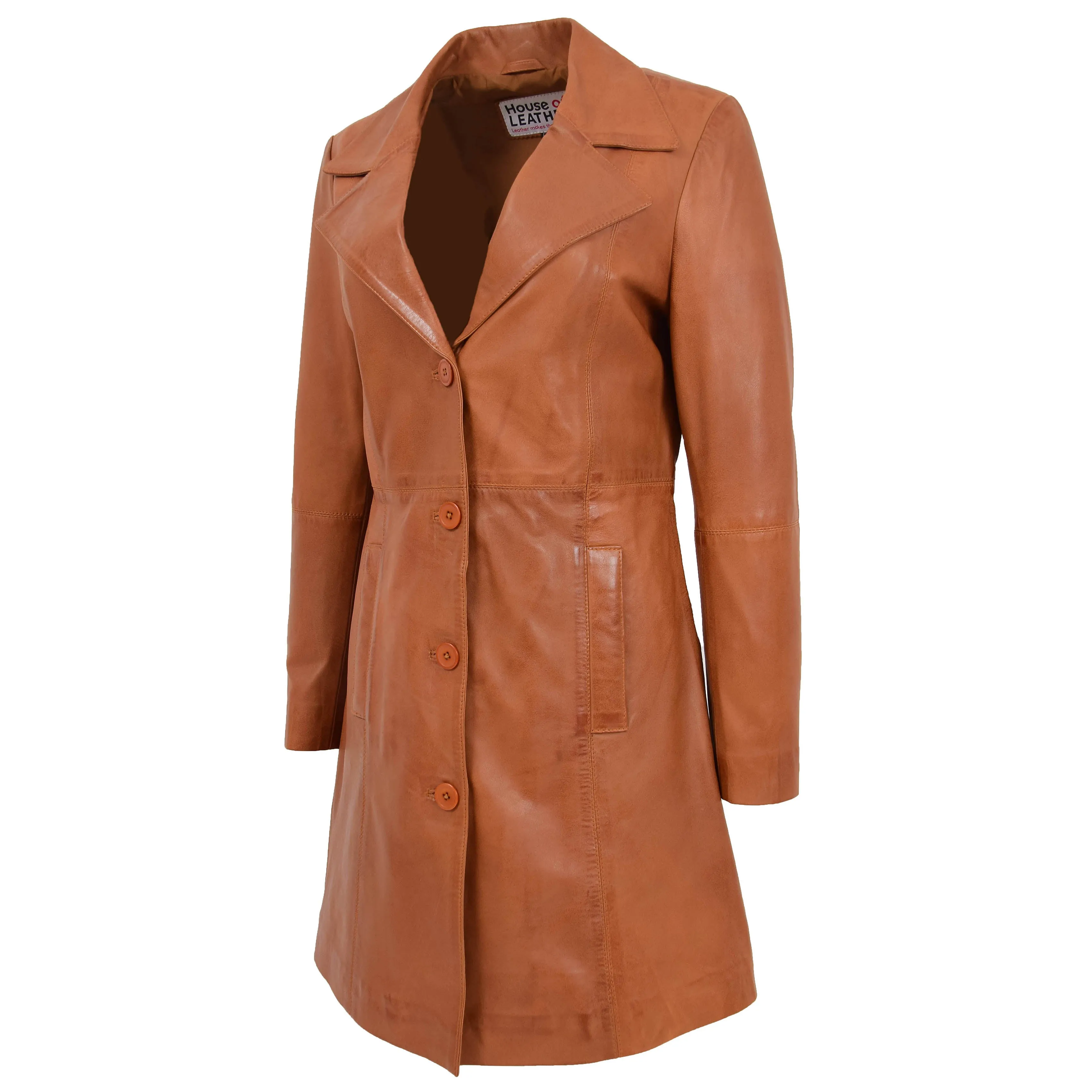 Womens 3/4 Length Soft Leather Classic Coat Macey Tan