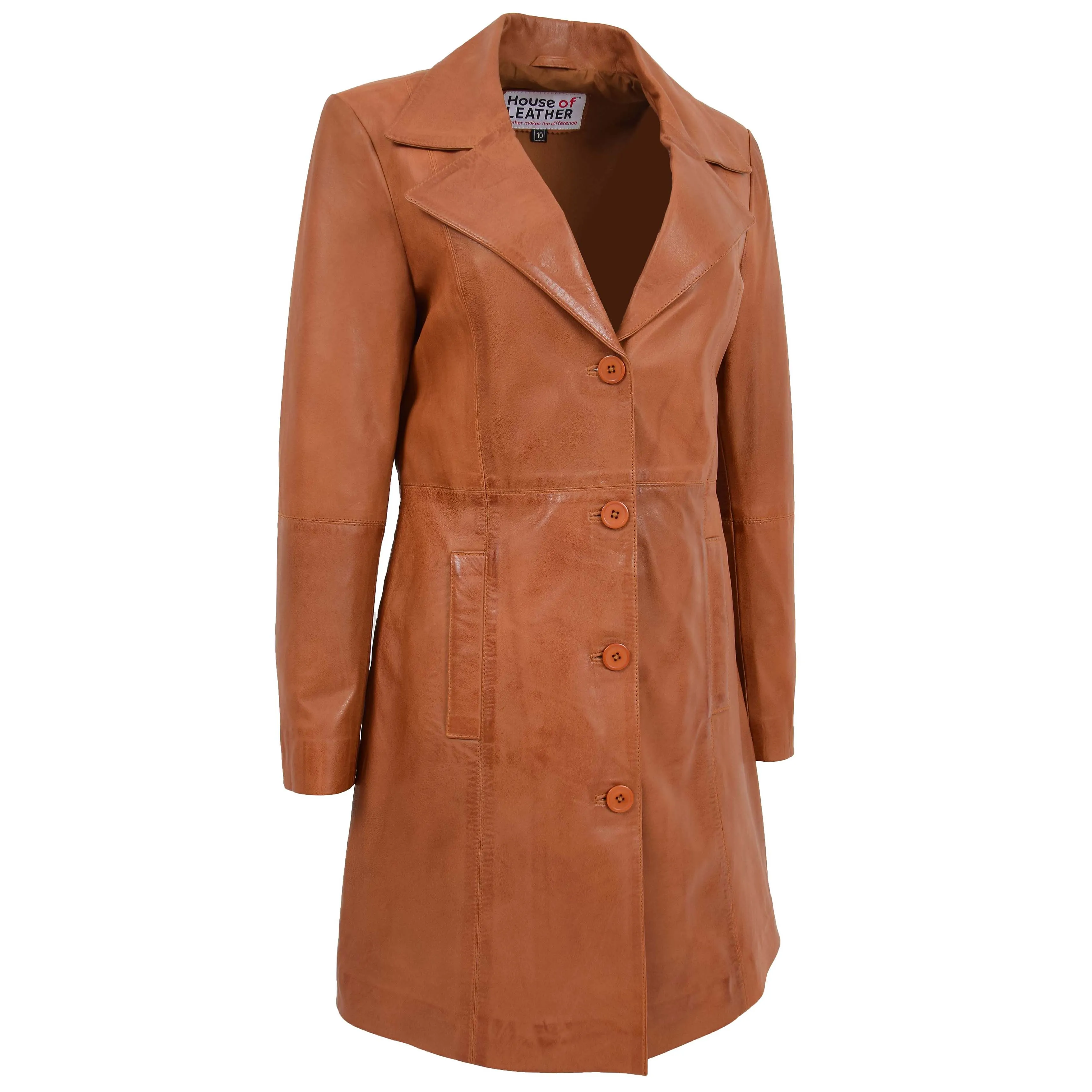 Womens 3/4 Length Soft Leather Classic Coat Macey Tan