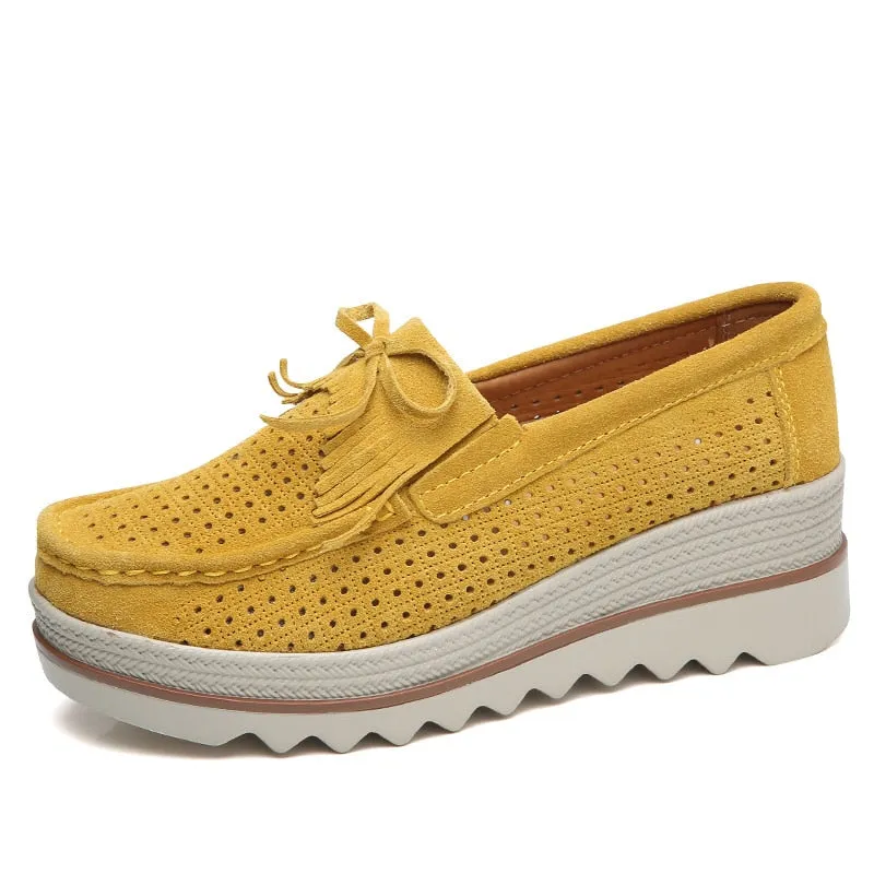 Women's Concise Hollow Yellow Casual Round Toe Slip-on Platform Shoes