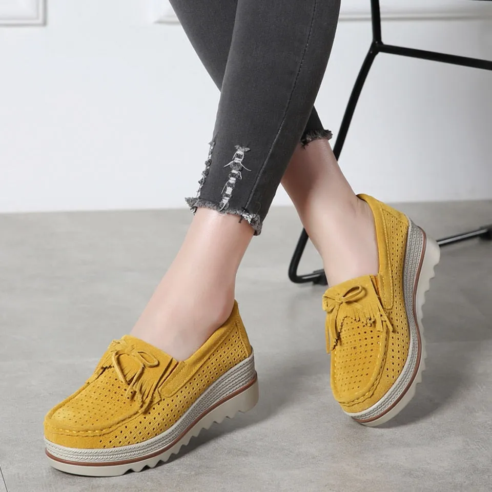 Women's Concise Hollow Yellow Casual Round Toe Slip-on Platform Shoes