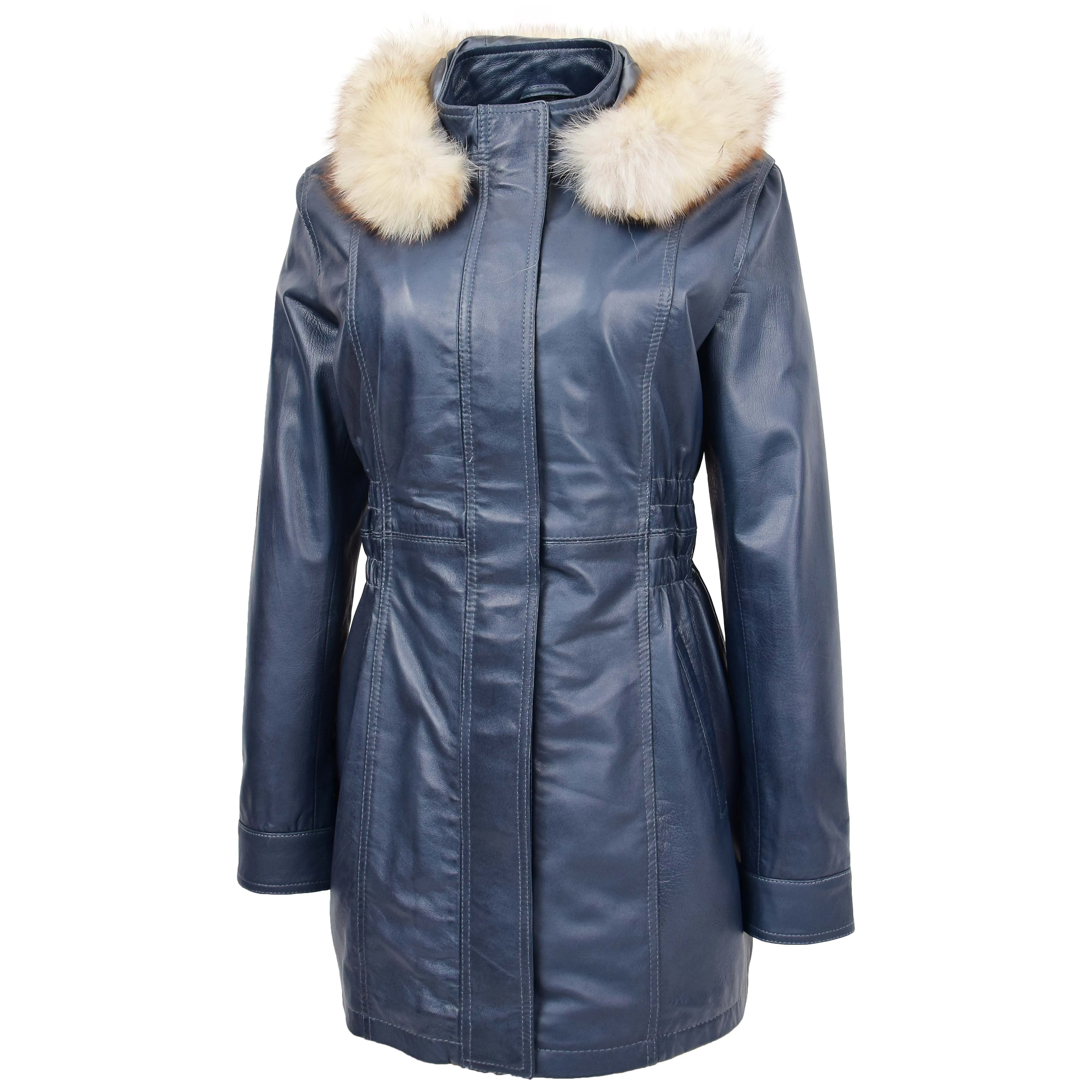 Womens Detachable Hoodie Leather Coat Kathy Blue