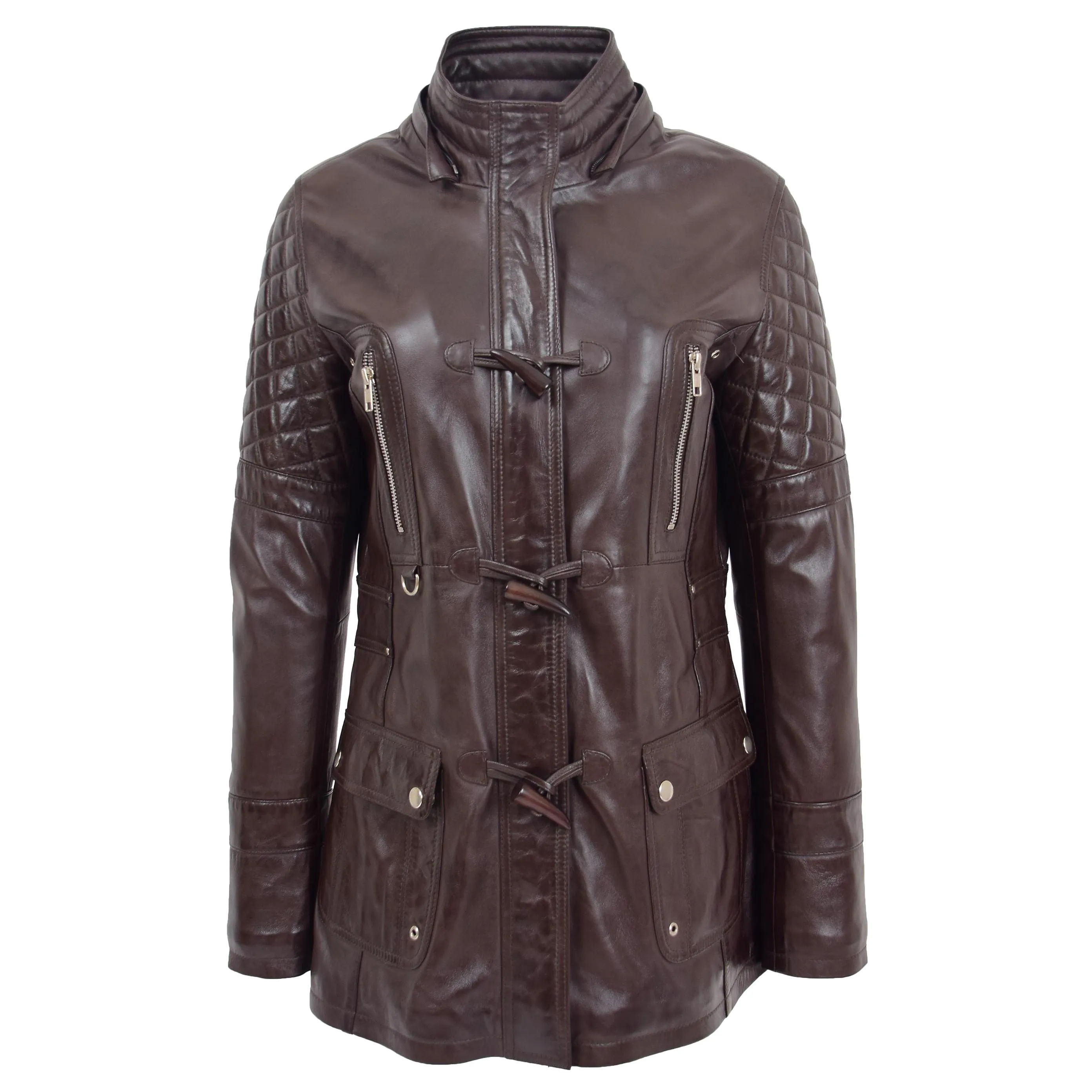 Womens Original Duffle Style Leather Coat Ariel Brown