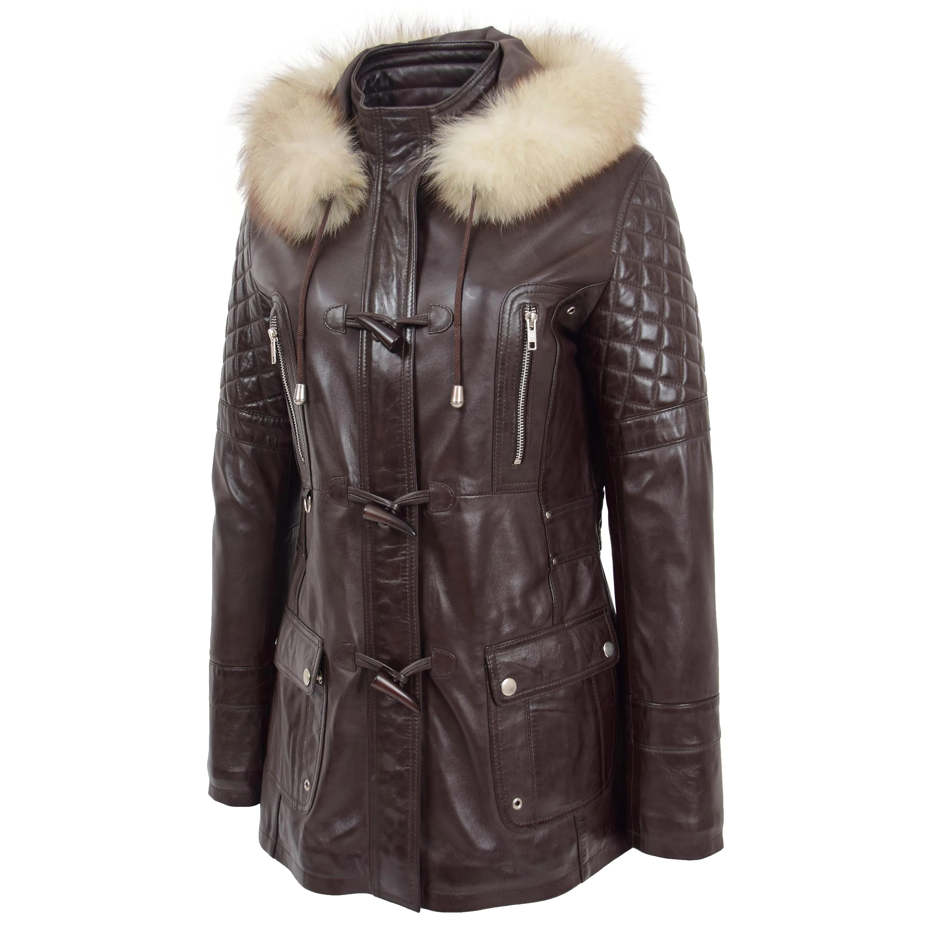 Womens Original Duffle Style Leather Coat Ariel Brown