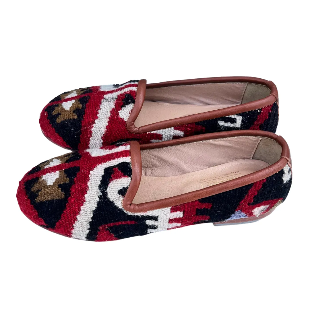 Women's Turkish Kilim Loafer Red, Black, & Cream Pattern