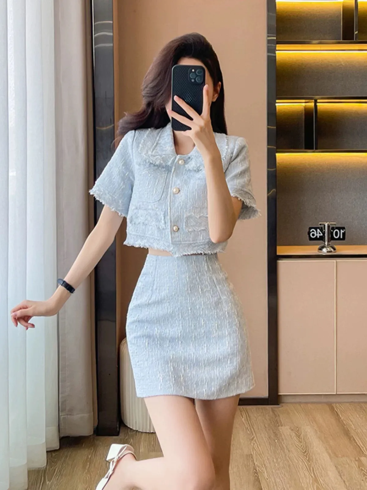 Xiaoxiangfeng summer suit for women 2024 new hot style small short coat high waist hip skirt two-piece set