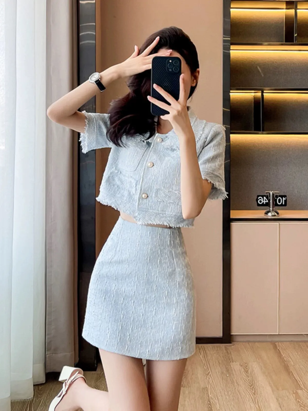 Xiaoxiangfeng summer suit for women 2024 new hot style small short coat high waist hip skirt two-piece set