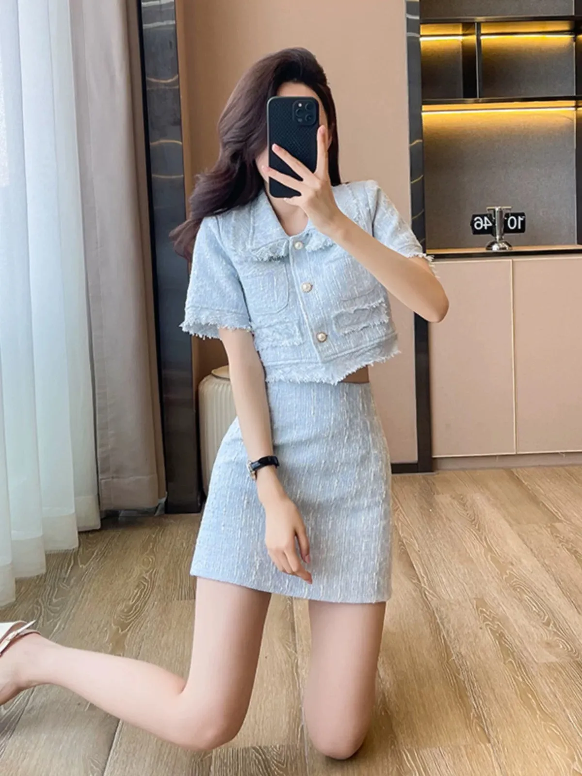 Xiaoxiangfeng summer suit for women 2024 new hot style small short coat high waist hip skirt two-piece set