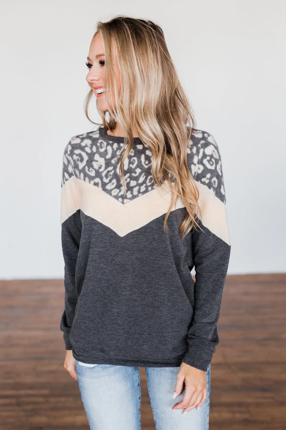 Young And Wild Color Block Pullover- Leopard, Beige, Charcoal