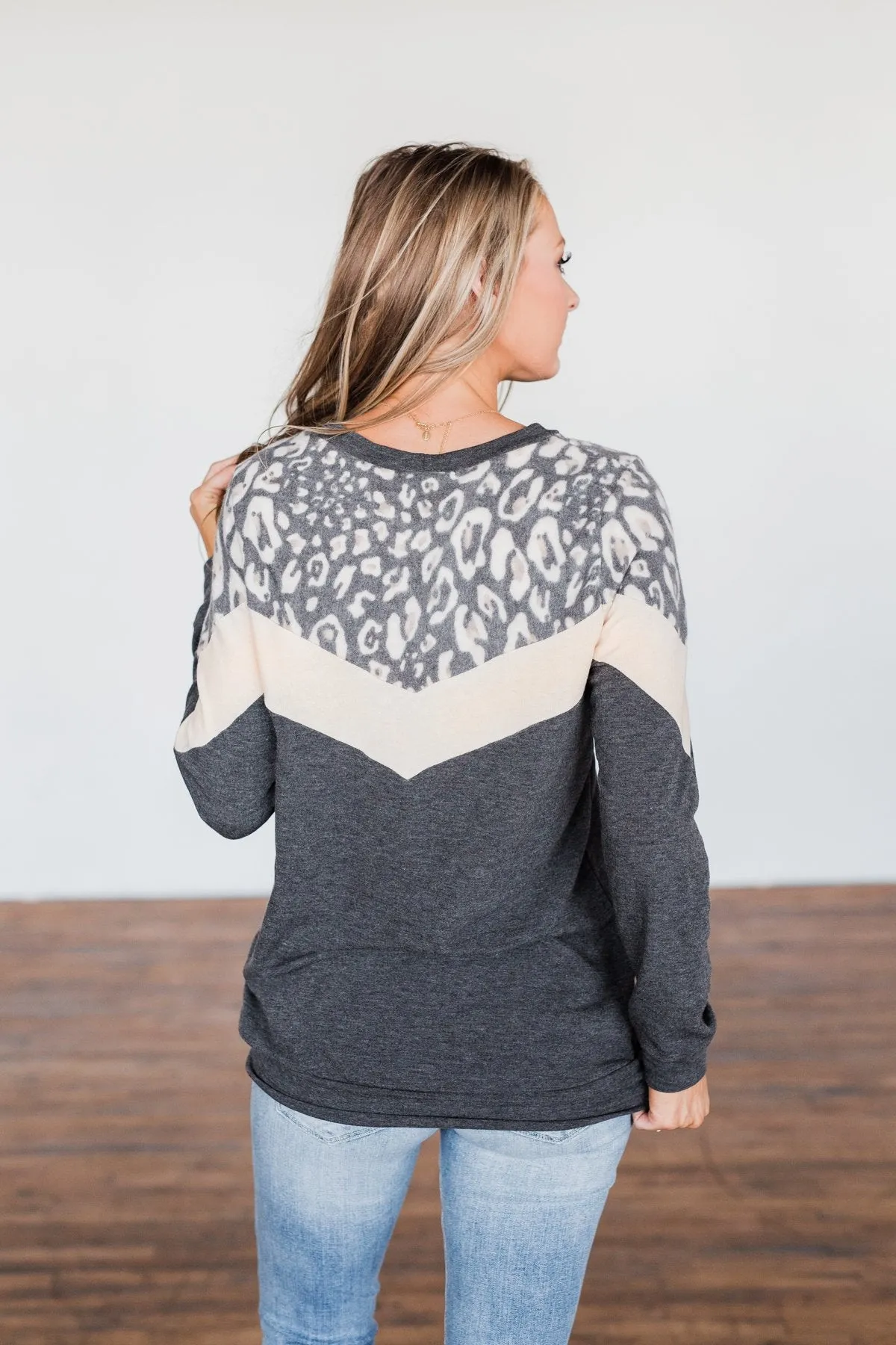 Young And Wild Color Block Pullover- Leopard, Beige, Charcoal